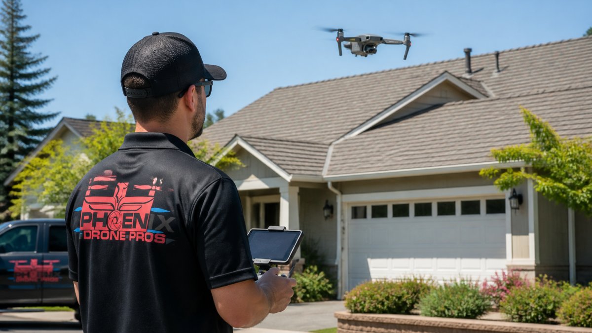A professional drone pilot standing on a residential street, holding a remote controller with a screen, while a compact drone hovers above a shingled roof in the background