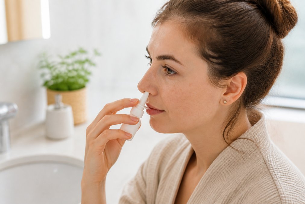 Close-up of a person holding a small nasal spray bottle near their nose, soft-focus background of a bright, clean bathroom counter with natural morning light