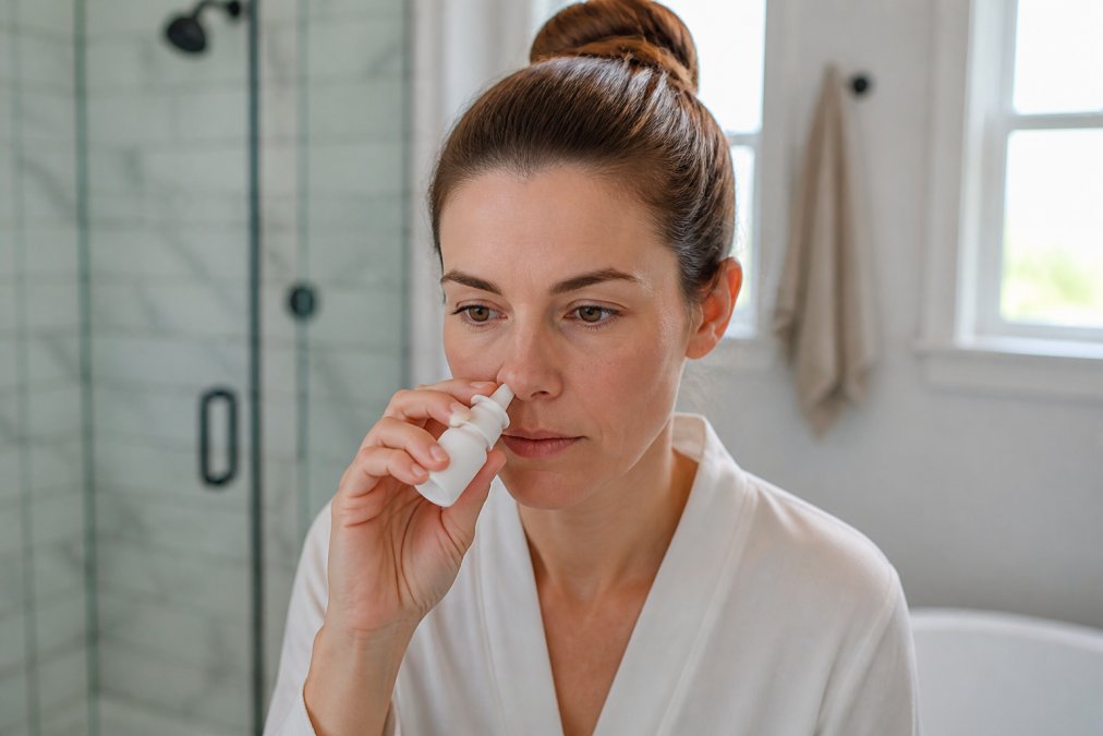 Adult demonstrating proper nasal spray technique, head tilted slightly forward, bottle inserted gently into one nostril, neutral expression, natural indoor lighting in a clean bathroom setting