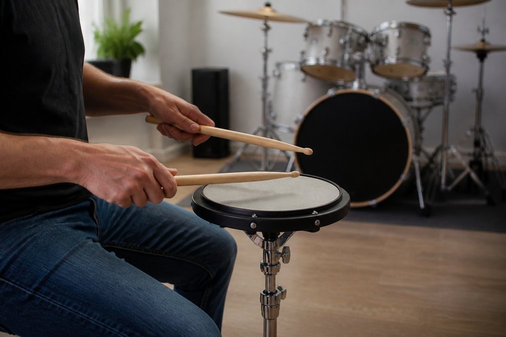 A drummer's hands holding drum sticks above a mesh practice pad mounted on a snare stand in a home practice room, with a drum kit blurred in the background