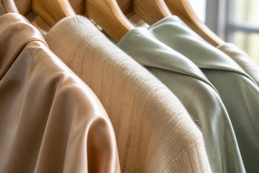 Close-up of delicate designer fabrics including silk, cashmere, and satin draped on a wooden hanger, showing intricate weaving and texture detail in natural daylight