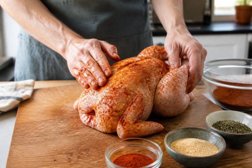 Hands massaging spices onto a raw chicken to prepare the best dry rub recipes for rotisserie chicken.