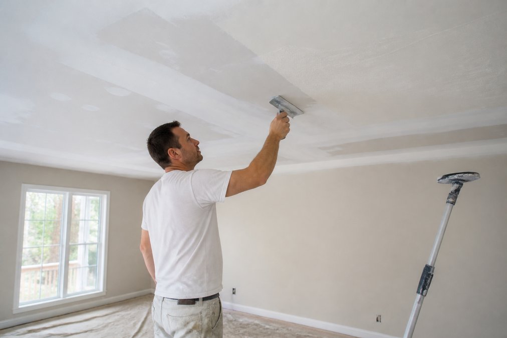 Contractor applying joint compound with a taping knife for drywall repair on a residential ceiling