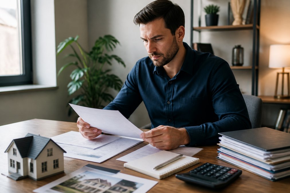 Real estate investor reviewing loan documents and property details on a laptop at a desk with a notebook and calculator, natural office lighting