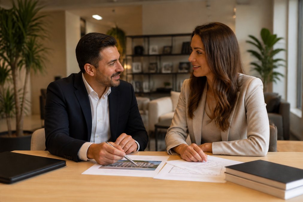 Professional meeting between investor and loan officer discussing rental property investment strategy in a modern office setting, natural lighting