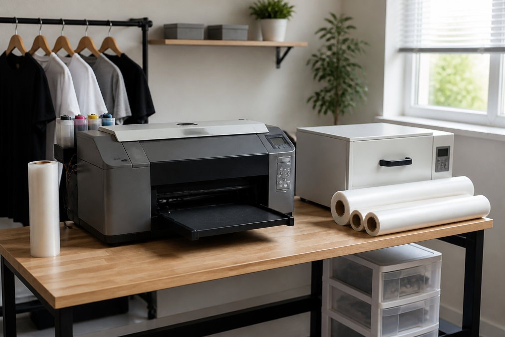 A compact DTF printer setup on a sturdy desk in a bright home studio, with rolls of transfer film and a small curing oven nearby, natural window light illuminating the equipment