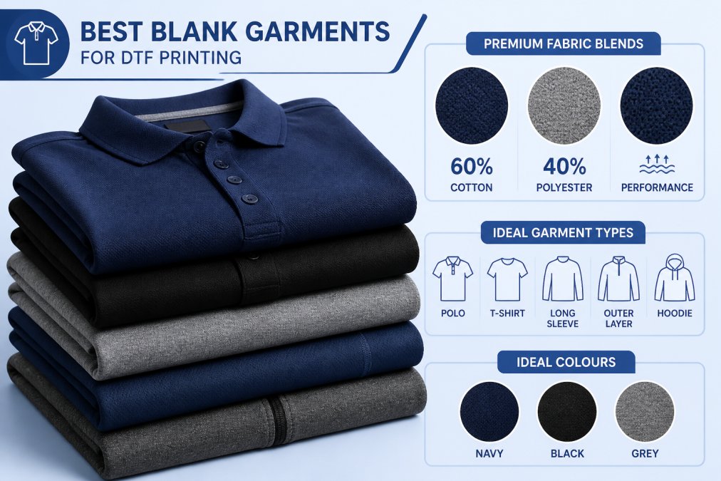 Stack of folded premium cotton-polyester blend corporate polo shirts and performance wear garments in navy, black, and grey, showing fabric texture and weave quality in natural studio lighting