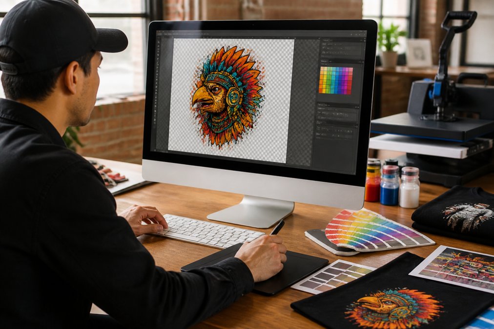 Graphic designer working at a computer displaying detailed vector artwork with transparent backgrounds and CMYK colour swatches visible on screen in professional studio lighting