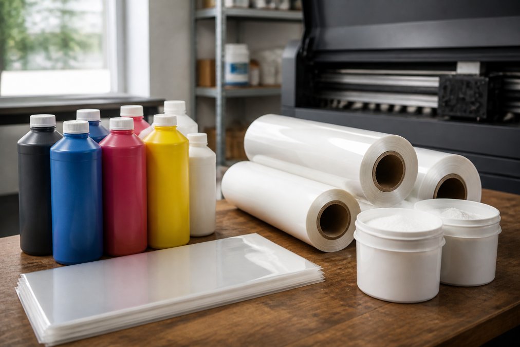 Close-up of professional DTF supplies arranged on a workbench: bottles of vibrant CMYK inks, rolls of transfer film, and containers of white curing powder under bright studio lighting