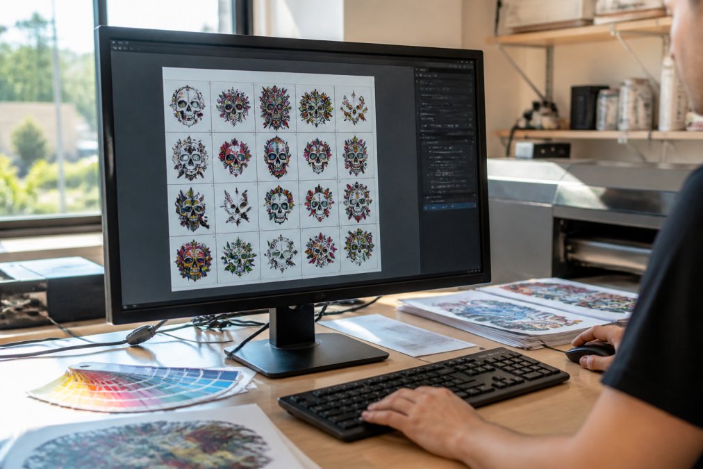 Designer's workspace showing computer monitor displaying gang sheet layout tool with multiple design thumbnails arranged on the screen, DTF transfer samples and colour swatches arranged on work surface beside the monitor, natural daylight streaming across the desk