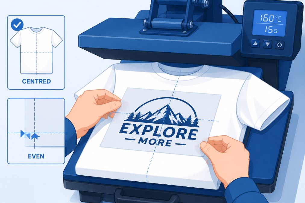 Close-up of hands carefully positioning a DTF transfer onto a white 100% cotton t-shirt on a commercial heat press, with the transfer perfectly aligned before the press head descends, showing proper placement technique