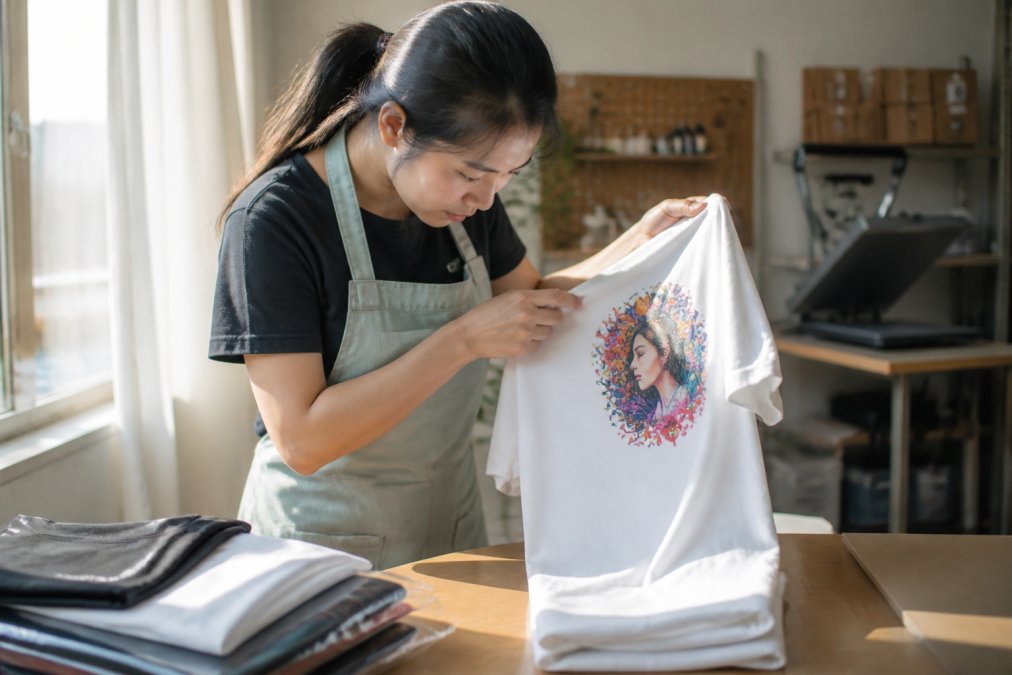 Small business owner in a well-lit workspace examining a finished white t-shirt under bright natural lighting, carefully inspecting the DTF transfer print quality, colour vibrancy, and checking for any adhesion issues or imperfections