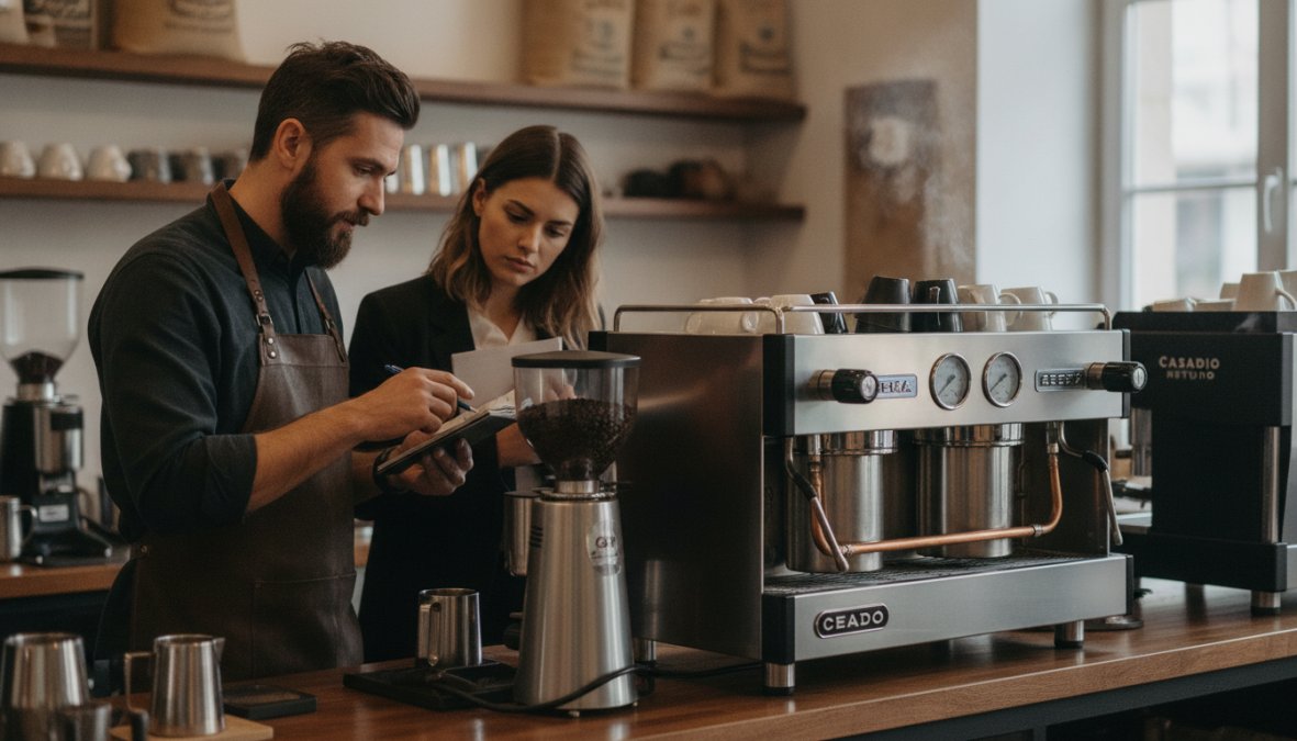 Close-up of a barista using a portafilter and steam wand on a dual boiler espresso machine, creating microfoam for a latte, with warm kitchen lighting
