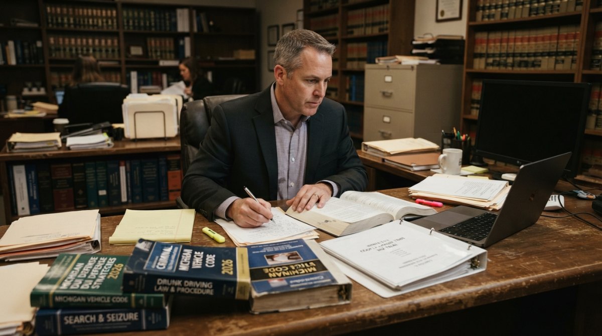 Experienced DUI defense attorney reviewing case documents and evidence files at desk in law office with legal books and computer visible