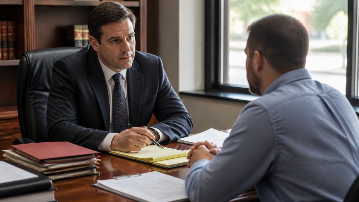 Criminal defense attorney meeting with client in professional law office, legal documents and case files on wooden desk, natural window lighting