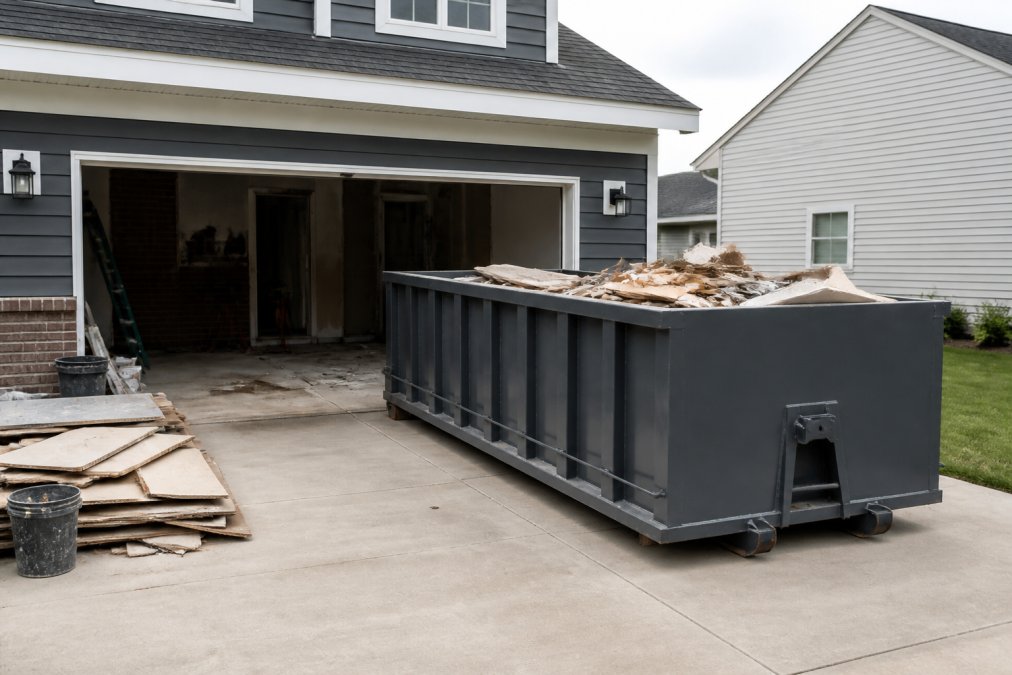 A single 10-yard roll-off dumpster positioned on a residential driveway during a small kitchen renovation project, with visible construction materials and debris nearby