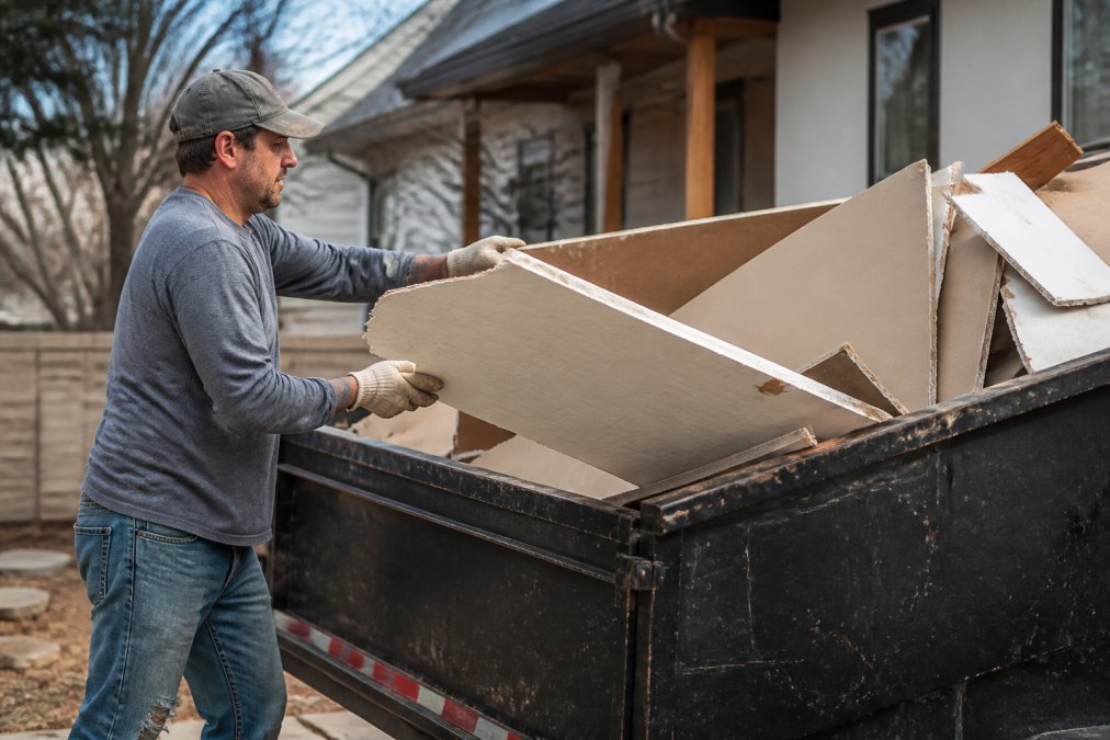 A homeowner in work gloves carefully loading construction debris including drywall sheets and old flooring materials into a roll-off dumpster on a residential property, demonstrating proper loading technique and safety awareness