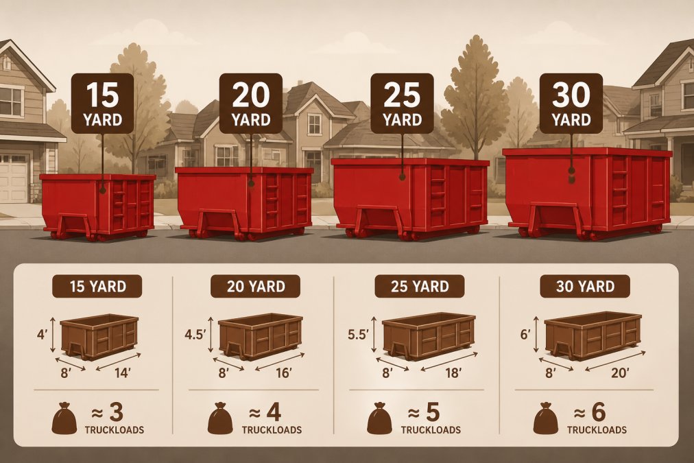 Row of different-sized roll-off dumpsters lined up on a residential street showing 15-yard, 20-yard, 25-yard, and 30-yard containers positioned side by side in natural daylight for clear scale comparison