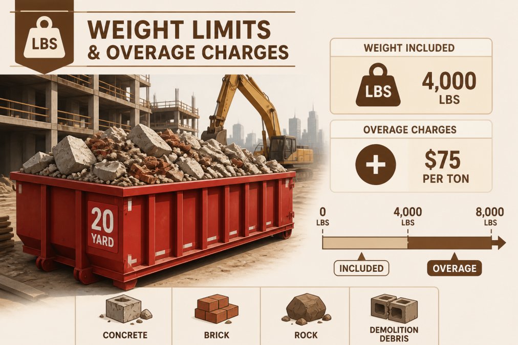 Construction site with a full roll-off dumpster loaded with concrete chunks, brick rubble, and heavy demolition debris showing real-world heavy material types under natural daylight