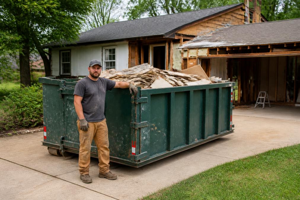 A homeowner in work clothes standing next to a 20-yard roll-off dumpster on a residential driveway, construction debris visible inside, house undergoing renovation in the background