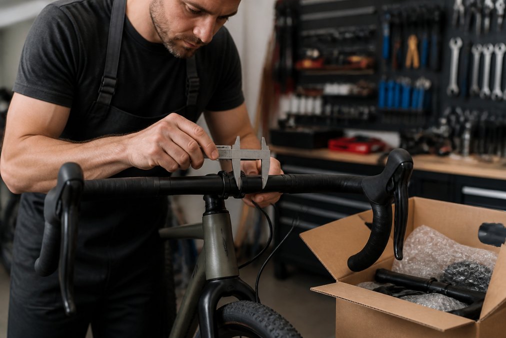 Mechanic installing alloy handlebar on gravel bike, measuring clamping diameter with tools, electronic shifters visible on cockpit, professional workshop setting with natural lighting