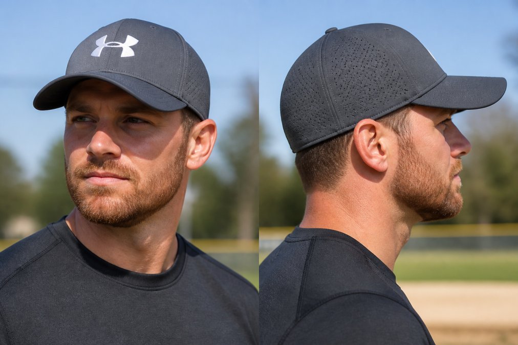 Man wearing an Under Armour Team Blitzing Cap outdoors during a sunny afternoon, shown from front and side angles to display the cap's low-profile structure, pre-curved visor, and moisture-wicking fabric in natural daylight