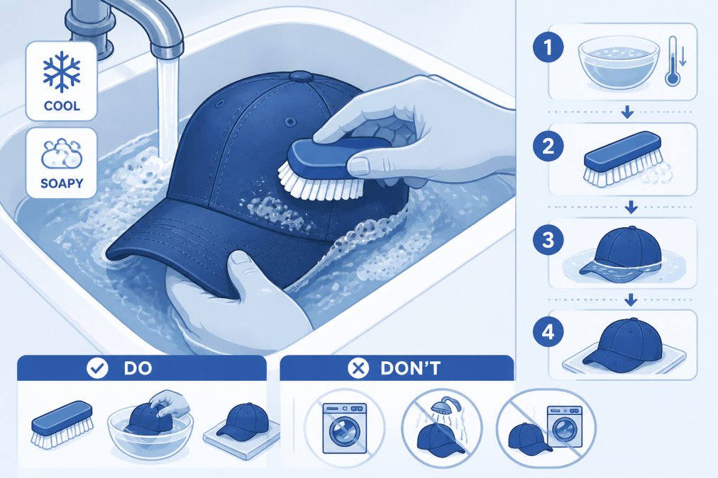 Close-up of hands gently cleaning a baseball cap with a soft-bristled brush and cool soapy water in a sink, showing proper cleaning technique with the cap partially submerged