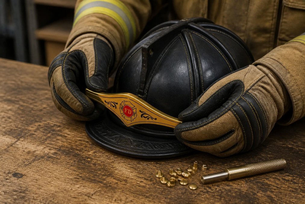 A firefighter's gloved hands positioning a polished brass front holder against a leather fire helmet on a wooden workbench, with brass rivets and a rivet setter laid out on the surface under bright workshop lighting