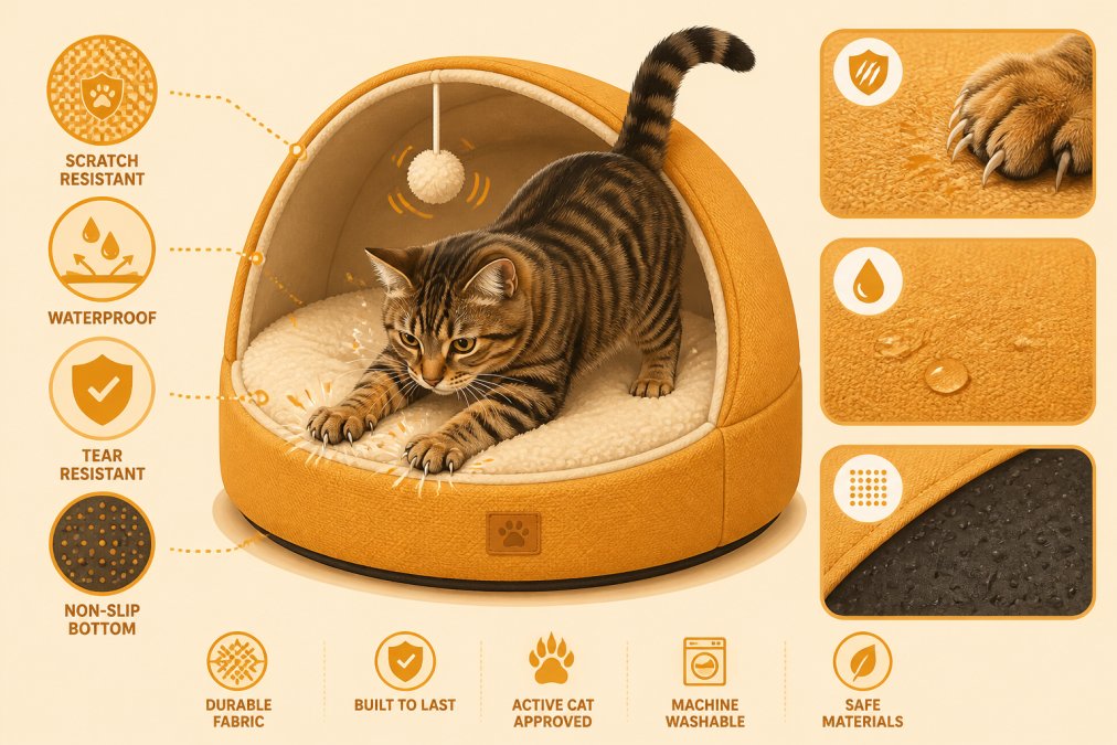 Active tabby cat with extended claws kneading and playing on a semi-closed bed, showing dynamic movement and interaction with durable fabric