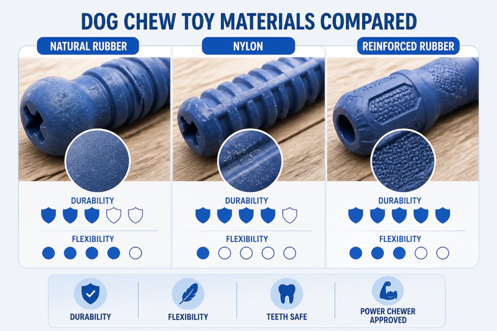 Close-up of different dog chew toy materials arranged on a wooden surface showing natural rubber texture, nylon ridges, and reinforced rubber construction with visible durability differences