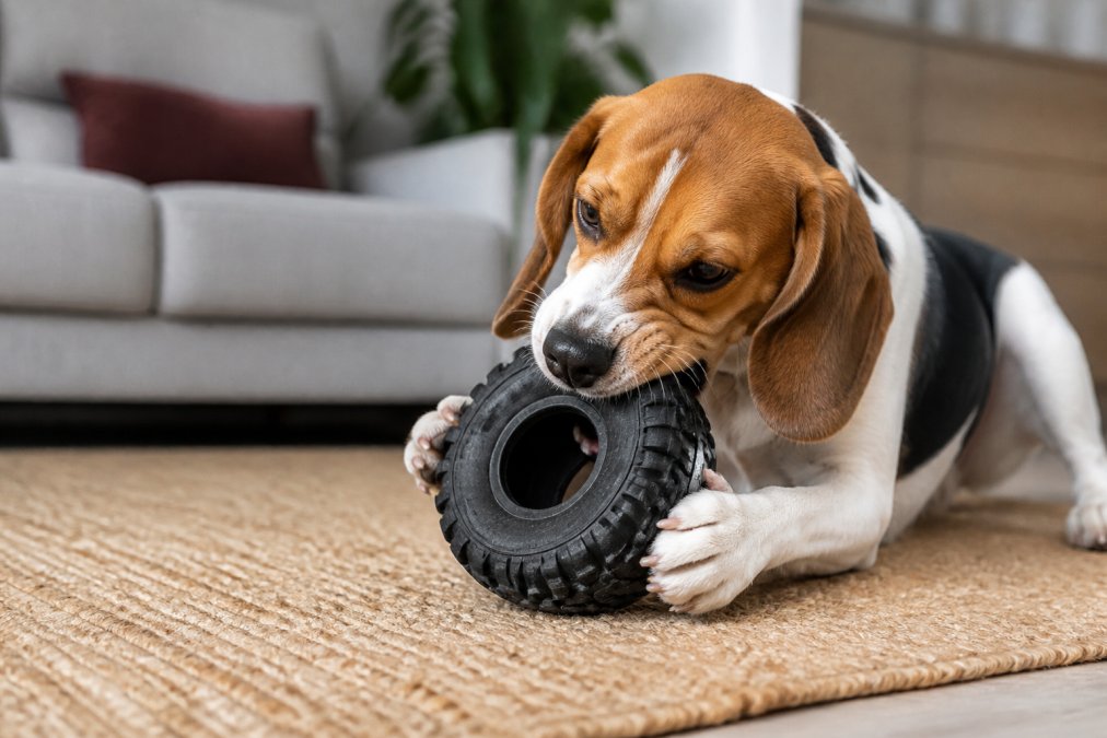 A medium-sized dog actively chewing on a thick tire-shaped rubber toy in a bright living room, showing focused engagement and satisfaction