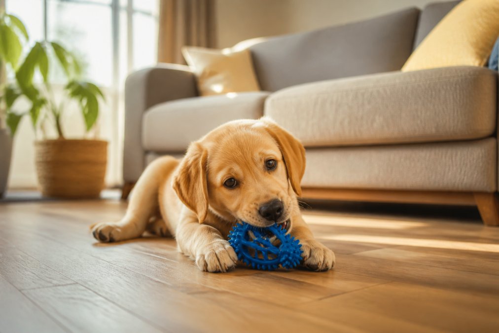 A young puppy actively playing with an interactive rubber chew toy on a living room floor, with a sofa visible in the background and natural afternoon light streaming through windows