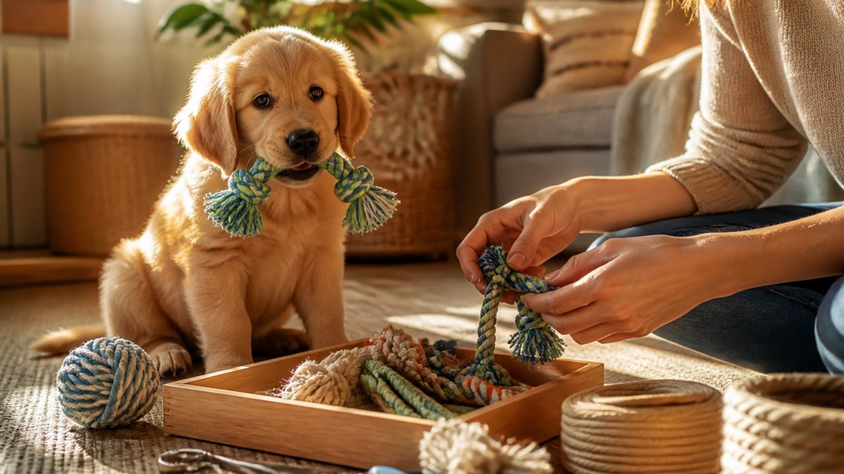 Infographic showing safe materials and size guidelines for puppy chew toys using a golden retriever puppy as a scale