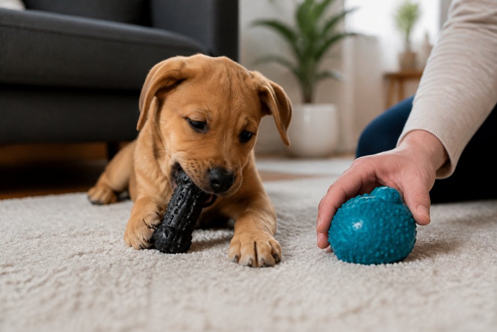 Puppy chewing on a durable rubber toy while a person offers a second option for teething puppies