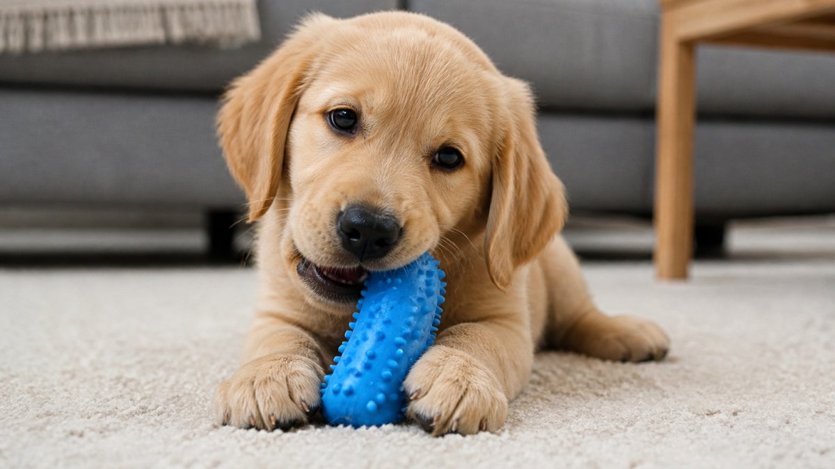 A young puppy actively chewing on a durable toy while sitting on a soft carpet, showing focused engagement and visible contentment with the toy
