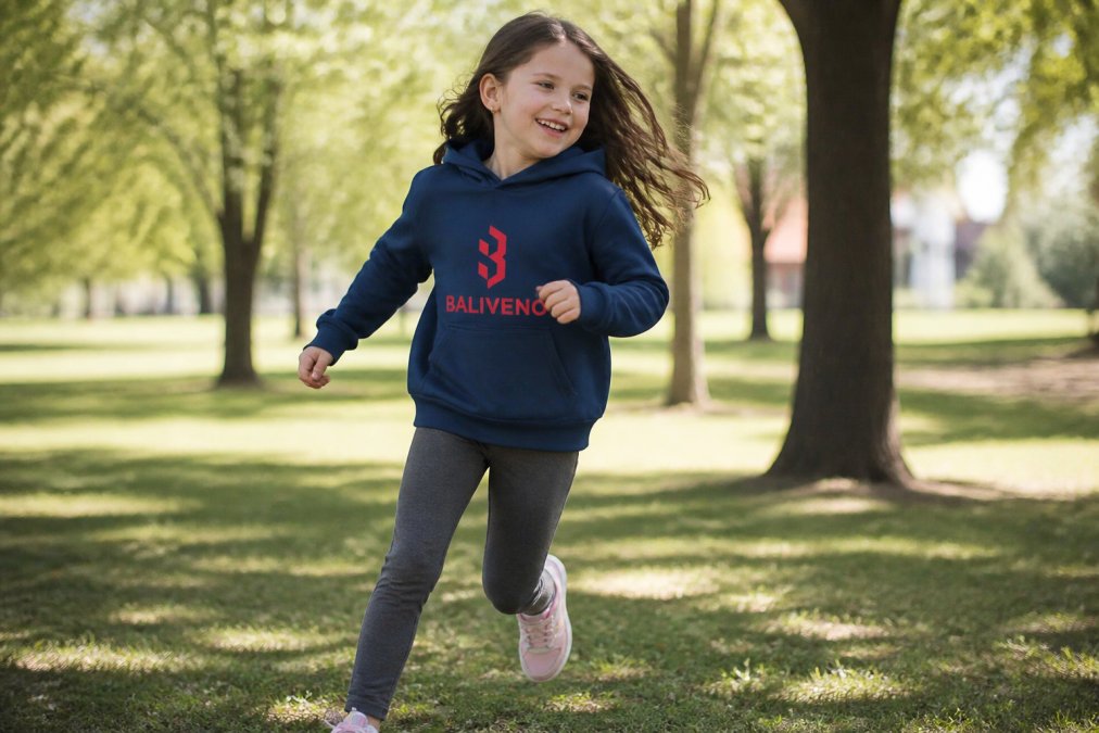 Active child running and playing outdoors wearing durable hoodie and leggings, captured mid-motion in natural daylight with trees and grass in background