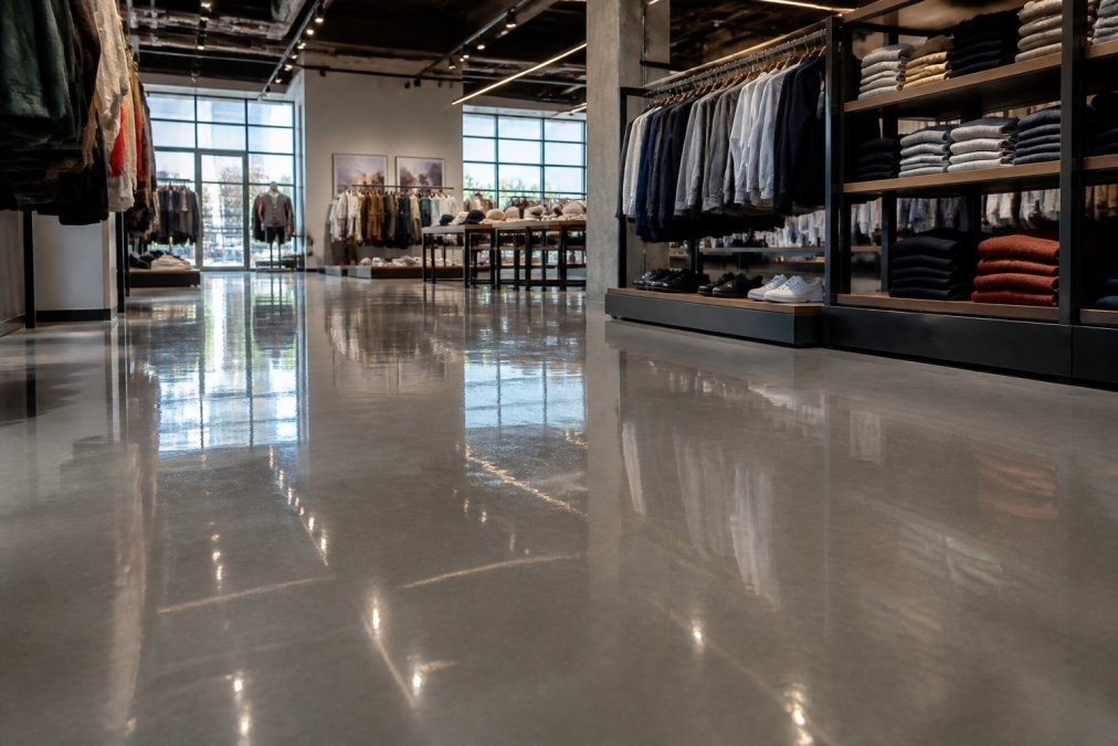 Modern retail store floor with a freshly applied epoxy coating showing glossy, reflective finish in brightly lit commercial space with merchandise displays