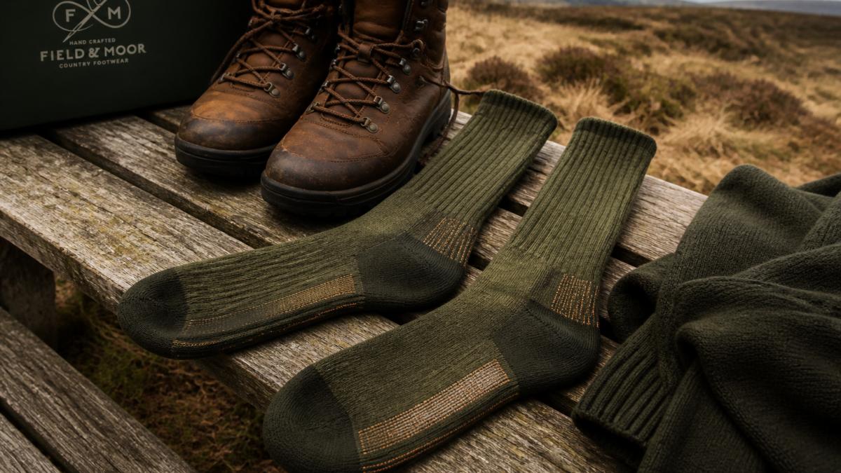 Olive green wool shooting socks laid on a wooden bench beside leather boots with a moorland backdrop