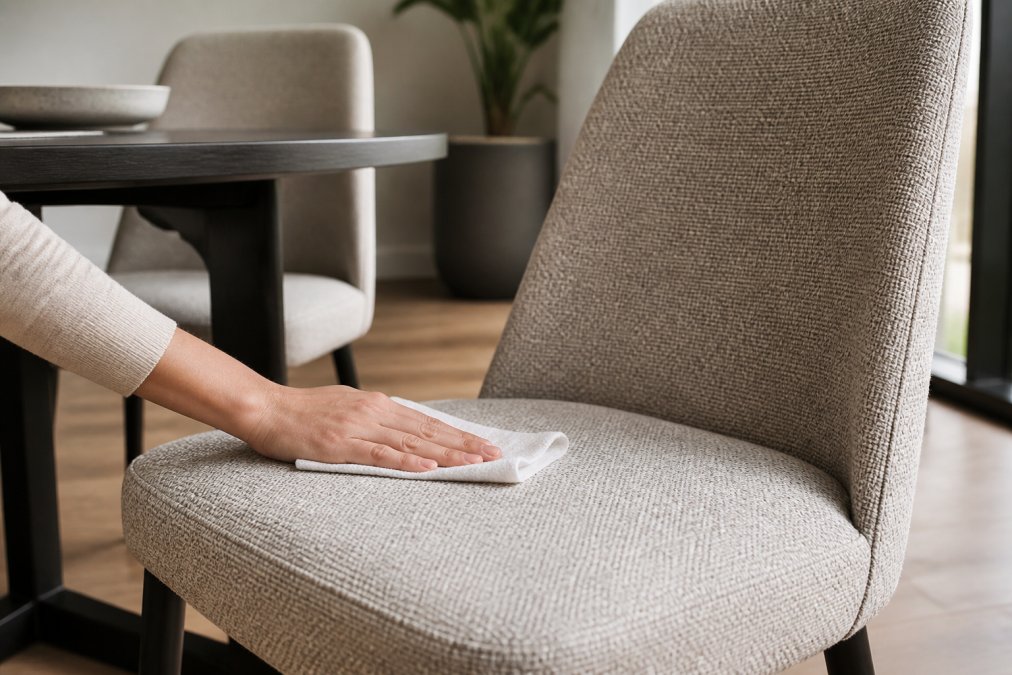 Infographic demonstrating a simple cleaning process for durable dining chairs using a damp cloth.