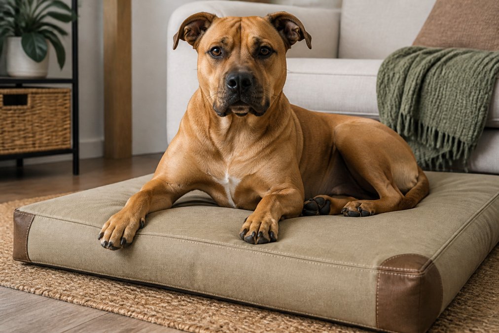 Dog resting on a heavy-duty canvas bed with reinforced seams, ideal for dog beds for chewers.