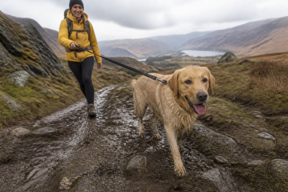 Dog and owner hiking together on a muddy, rocky trail in the Lake District with waterproof leash visible, demonstrating real-world terrain challenges and leash durability in use