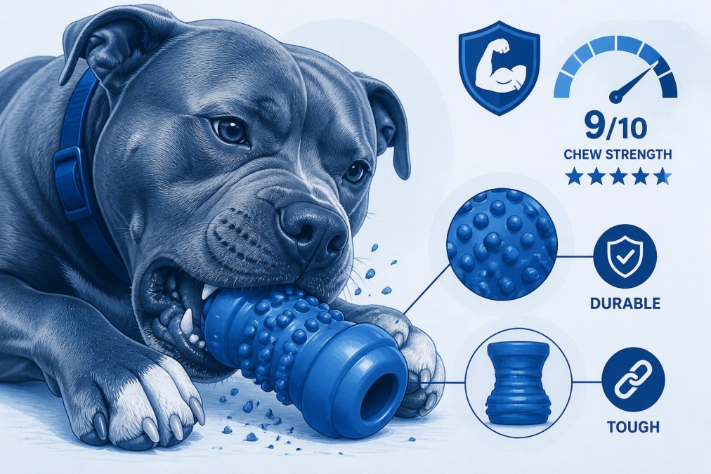 Close-up of a large dog actively chewing on a durable rubber toy, showing intense jaw engagement with the toy's textured surface under natural daylight