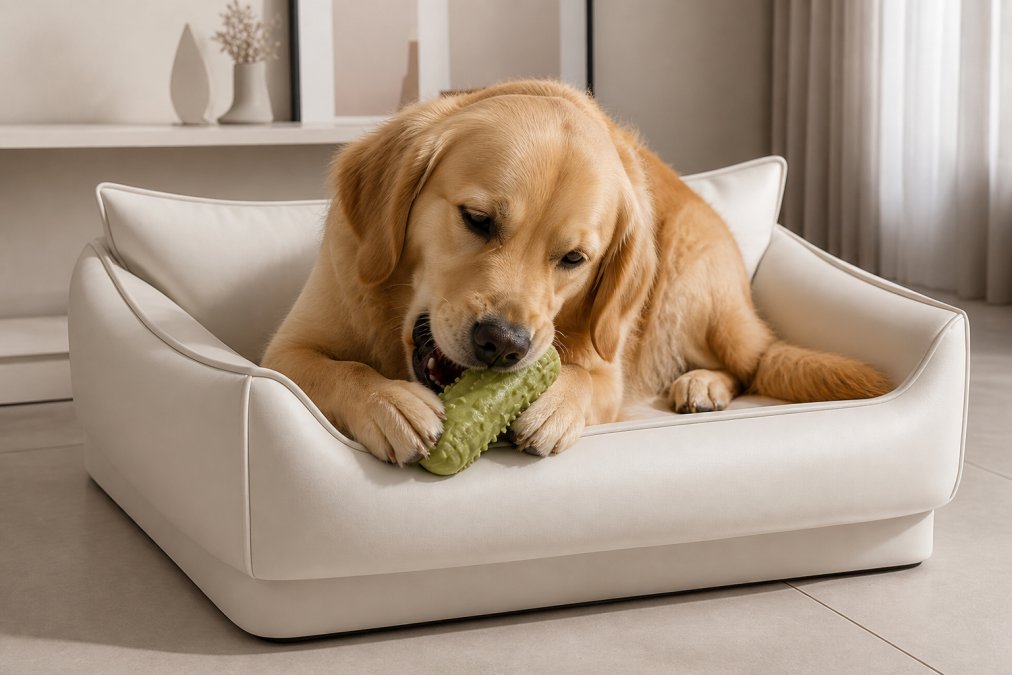 Close-up of a dog actively chewing on a durable natural rubber toy, showing deep engagement with the textured surface and the dog's focused expression