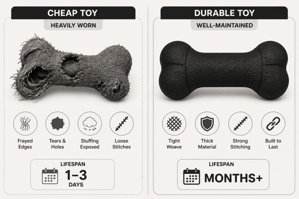Side-by-side comparison showing a heavily worn, frayed toy next to a well-maintained durable toy with intact seams and minimal wear, demonstrating the visible difference in material quality and construction