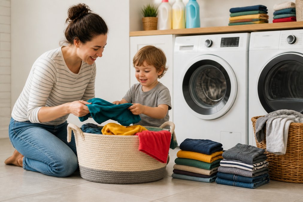 A parent and young child sorting colorful kids' clothing into a laundry basket in a bright home laundry room, with detergent bottles and folded clothes visible