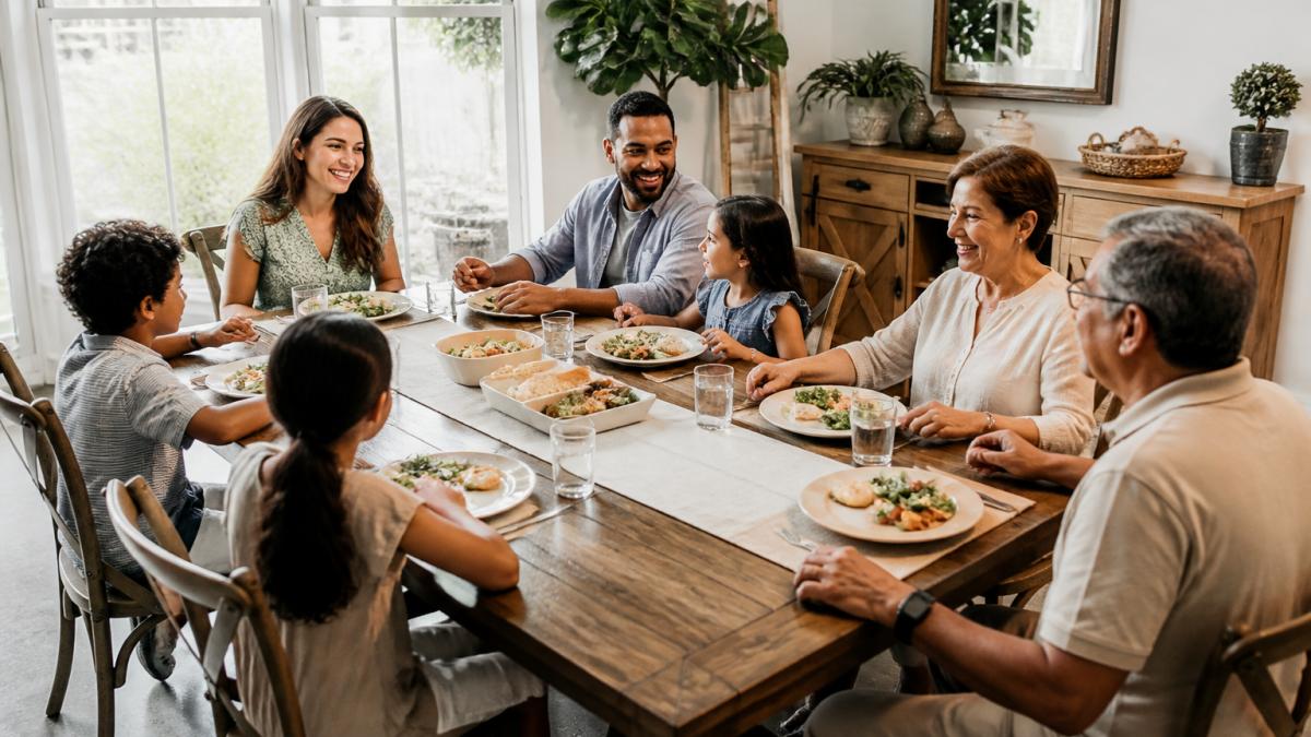 Large family gathered around a spacious wooden dining table during a meal, with children and adults comfortably seated, showing everyday use and place settings, bright natural lighting from windows