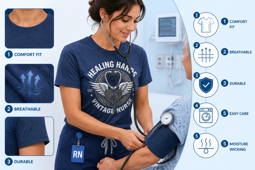 Close-up of a nurse wearing a vintage-style graphic tee while checking a patient's vital signs, showing the fit and breathability of the shirt during a clinical shift