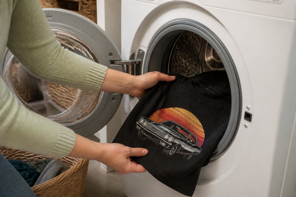 Hands placing a graphic t-shirt into a washing machine with cold water setting, demonstrating proper care technique