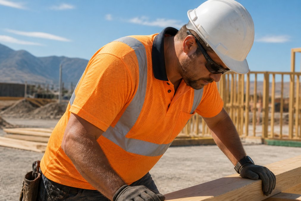 Construction worker wearing an orange short sleeve hi vis shirt with reflective tape on a sunny outdoor site