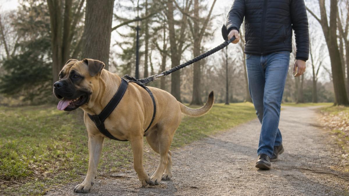 A large dog on a sturdy leash walking with its owner on a park path, with the owner holding the padded handle securely and the dog wearing a harness
